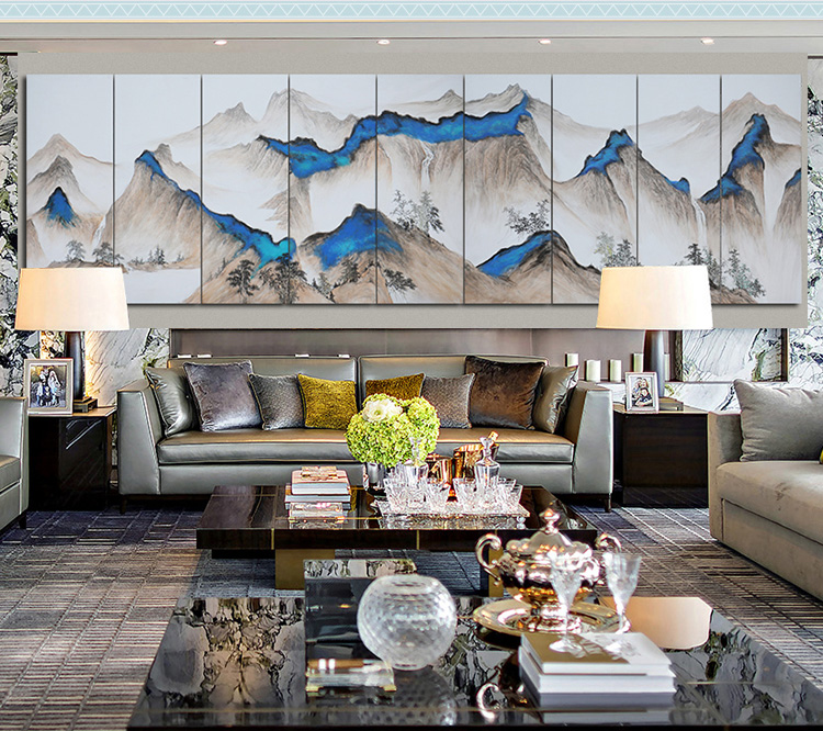 新中式會議室酒店山水風景壁畫 大型高端定制巨幅手繪裝飾畫 南山