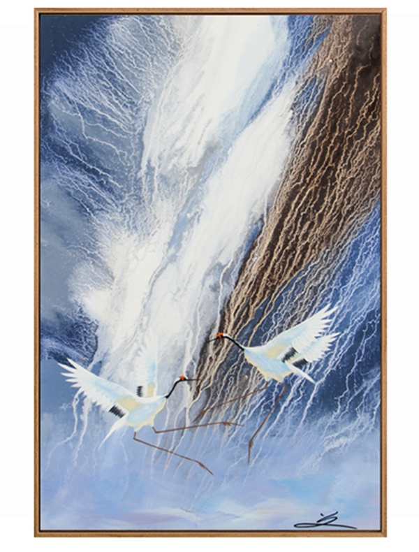 新中式抽象客廳裝飾畫 餐廳原創(chuàng)純手繪畫 玄關(guān)環(huán)保PS框掛畫 仙鶴