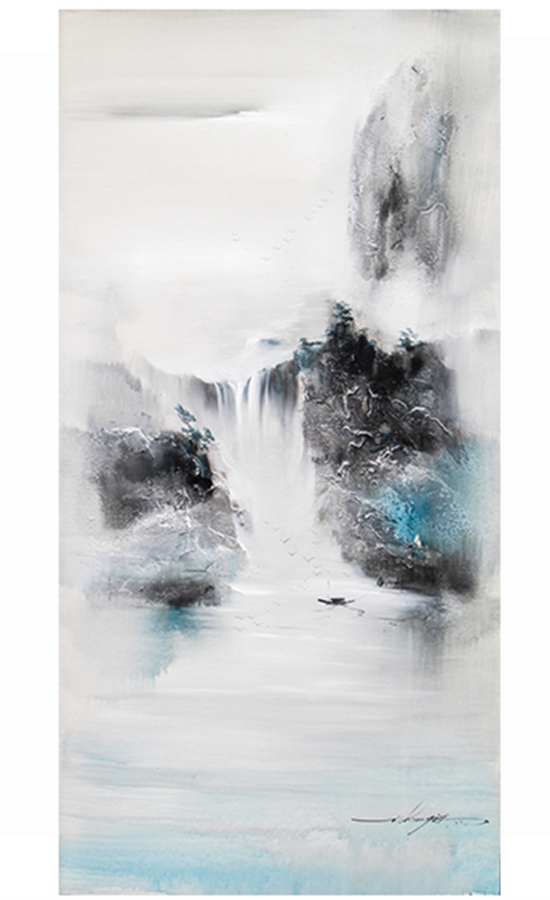 新中式客廳裝飾畫 書房原創(chuàng)純手繪山水畫 餐廳環(huán)保PS框掛畫 遠山瀑布